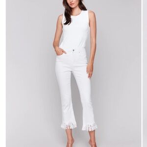 Charlie B Women's White Cropped Fringe Hem Jeans Size 18
